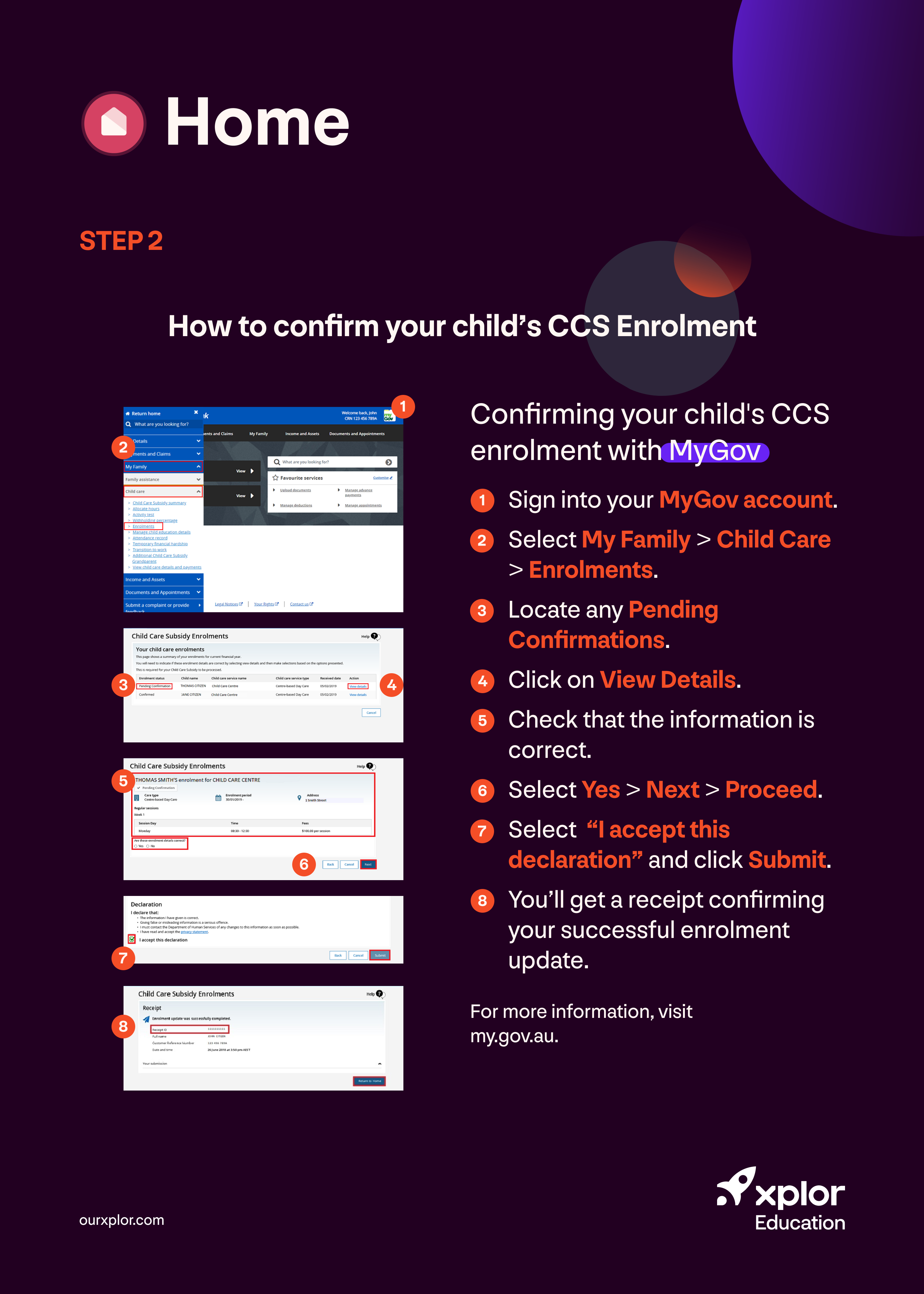 A poster with screenshots and steps outlining the process verifying your child's CCS enrolment, step 2 of signing a Complying Written Arrangement (CWA)