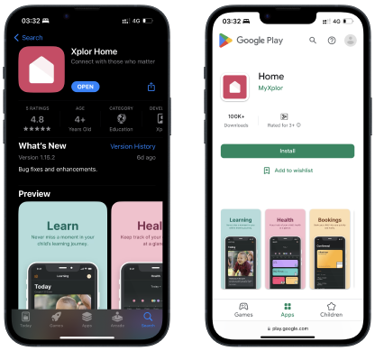 Phones displaying the Home app (necessary for Xplor Pay) in the App Store and Google Play