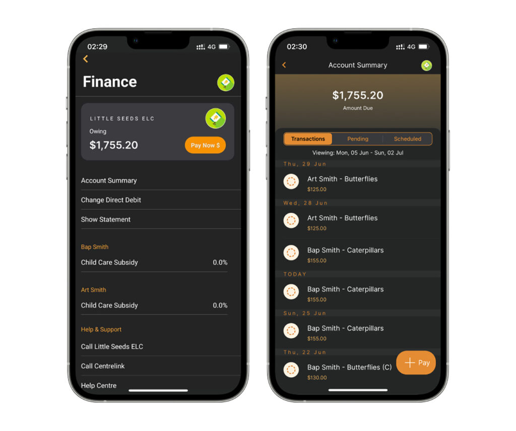 The finance screen in Home, Xplor Education's wraparound care app for families