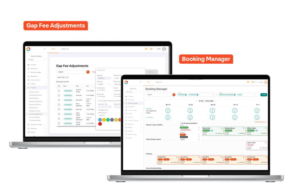 UI images of the gap fee adjustment and Booking Manager tabs in Office, two tools that streamline end-of-year ECEC tasks