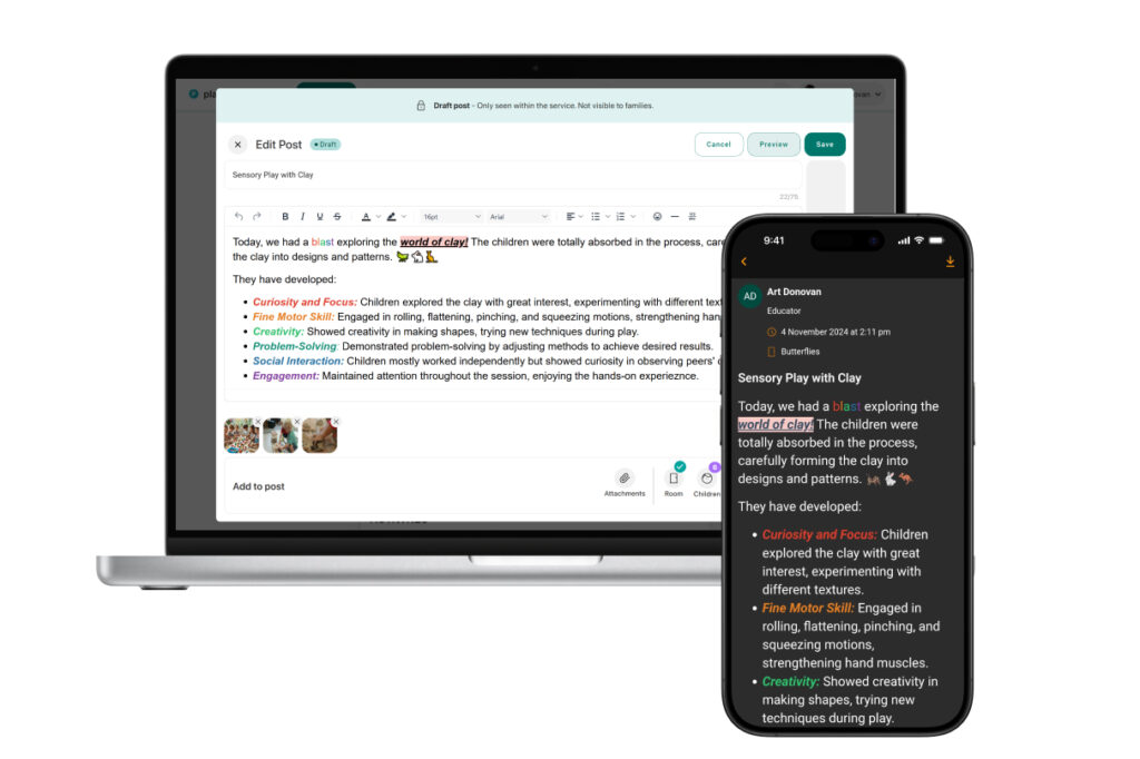 UI image of the Playground Posts rich text editor and what those Posts look like in the Home family app