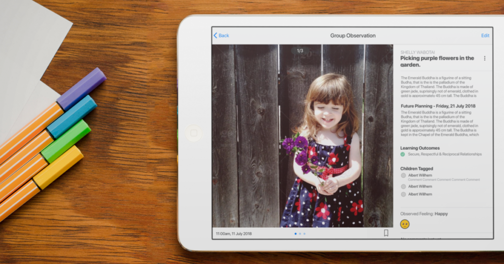 An iPad, showing a group observation including a child's image and tagged learning outcomes, both great steps on how to achieve Quality Area 1