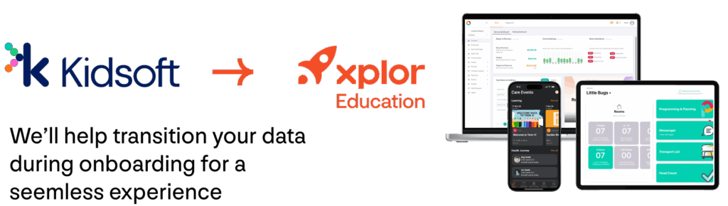 The Kidsoft logo on the left, with the Xplor Education logo and platform UIs on the right, indicating a seamless migration experience