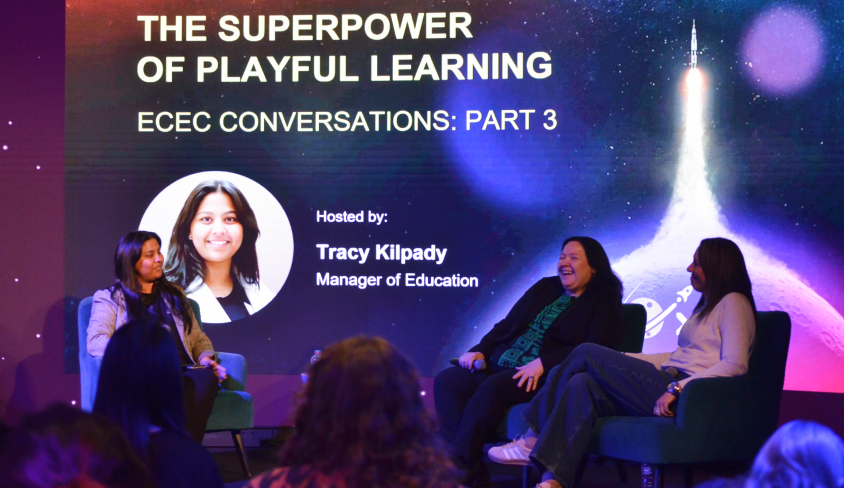 Tracy Kilpady leading a discussion with Dr Melinda Miller and Beck Seager on the Superpower of Playful Learning, part of the Xplor Horizons event