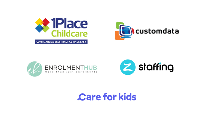 Logos from 5 sponsors of the Xplor Horizons event, 1PlaceChildcare, Customdata, Enrolment Hub, Z Staffing and Care for Kids