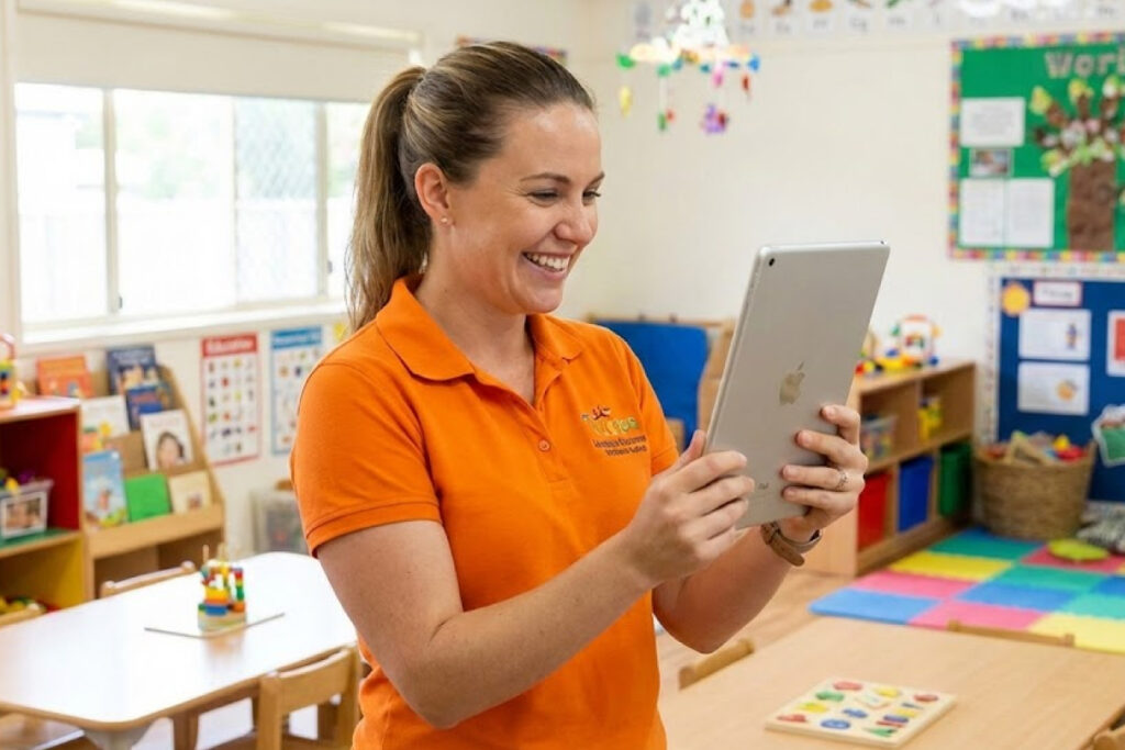 A female educator looking at tablet perhaps contemplating some ways of navigating AI in ECEC