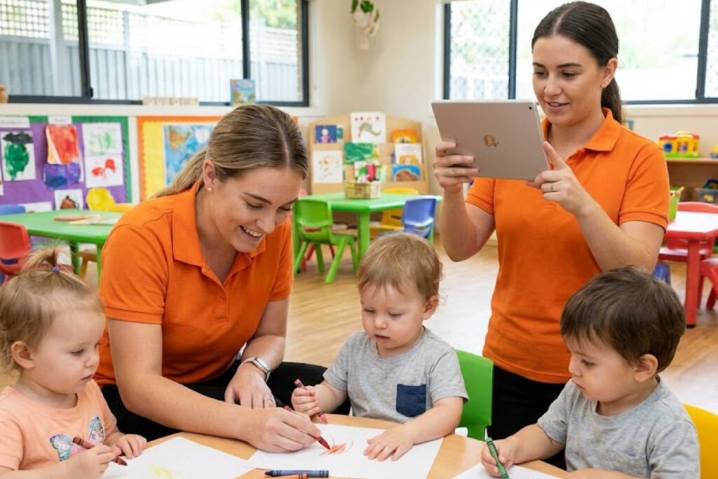 A female educator is helping some young children with colouring while a second educator takes a picture with a tablet