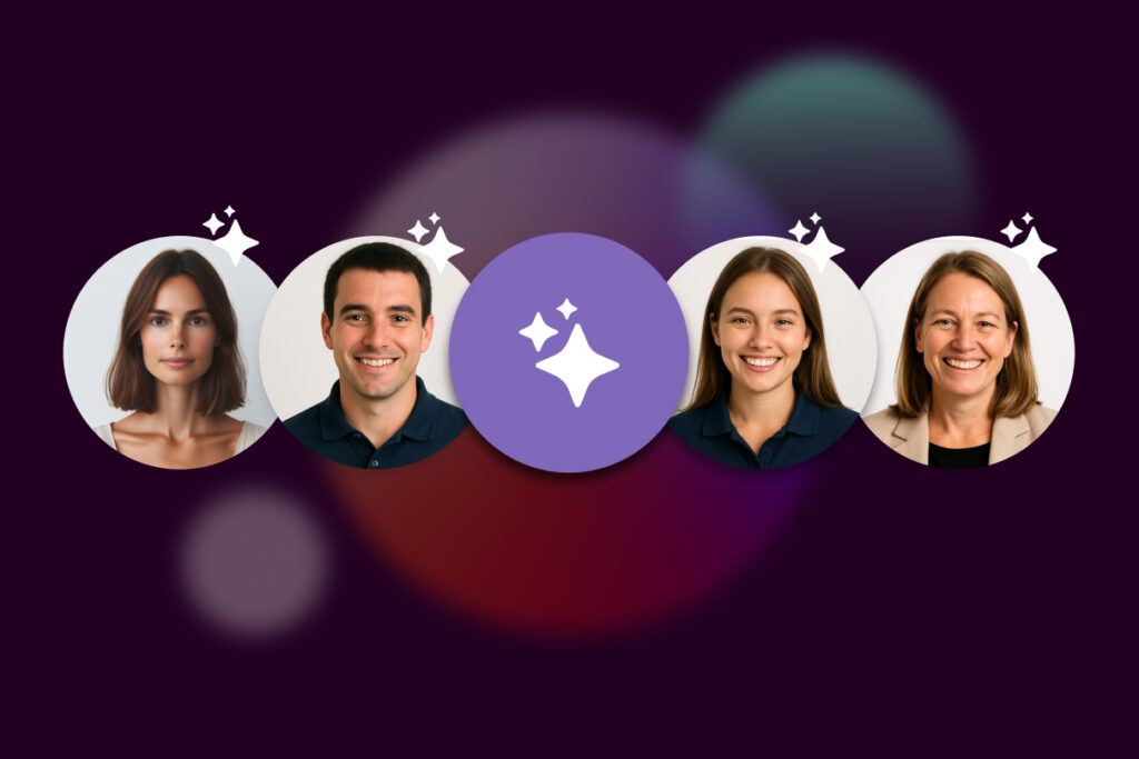 A series of four headshots separated by the AI "sparke" icon in the middle