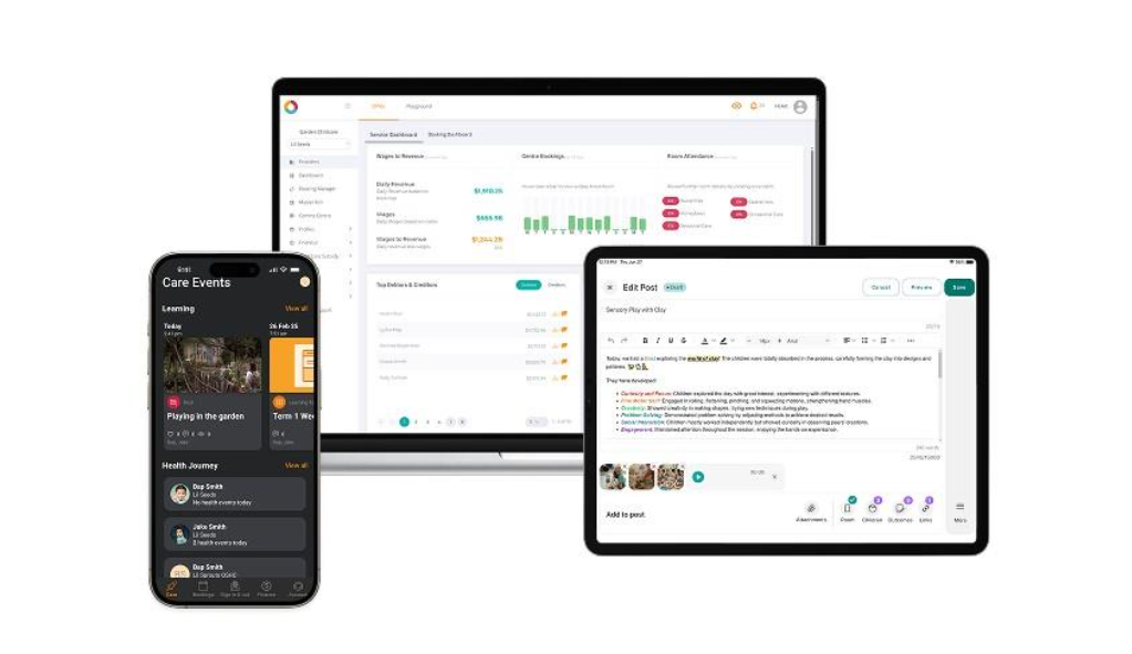 UI images of the three platforms that comprise Xplor Education's childcare software platform, Home on a phone, Playground on a tablet, and Office on a laptop
