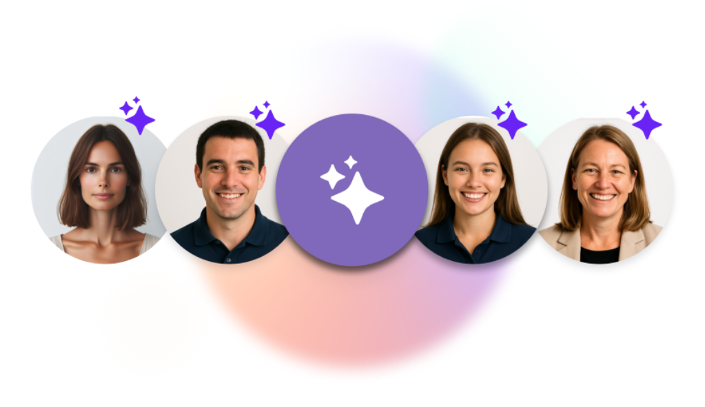 Four headshots in circles, with the 3-star symbol representing AI, symbolising the integration of AI into Xplor Education's educator childcare software