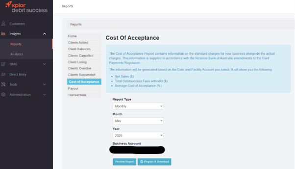 Debitsuccess portal Cost of Acceptance report screen showing Report Type, Month, Year and Business Account fields, with Preview Report and Prepare and Download buttons